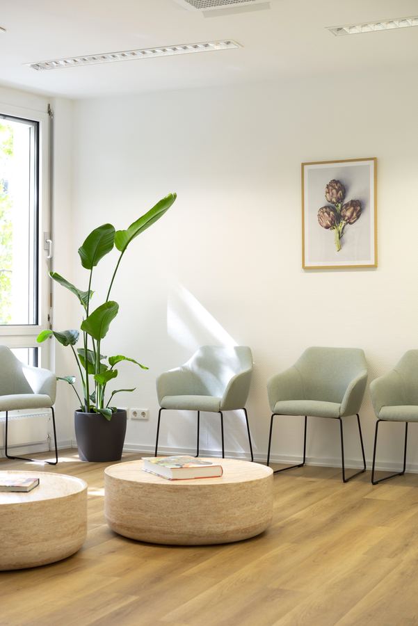 Wartezimmer mit hellgrünen Sesseln, Travertintischen und Pflanzen